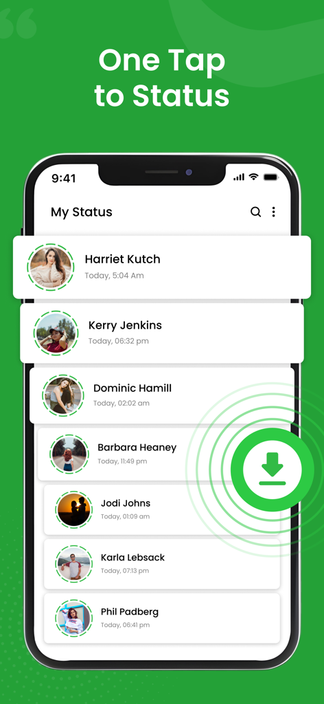 Status Saver - Status Download - Screenshot of the Status Saver app showing a list of contact status updates and a large green download icon.