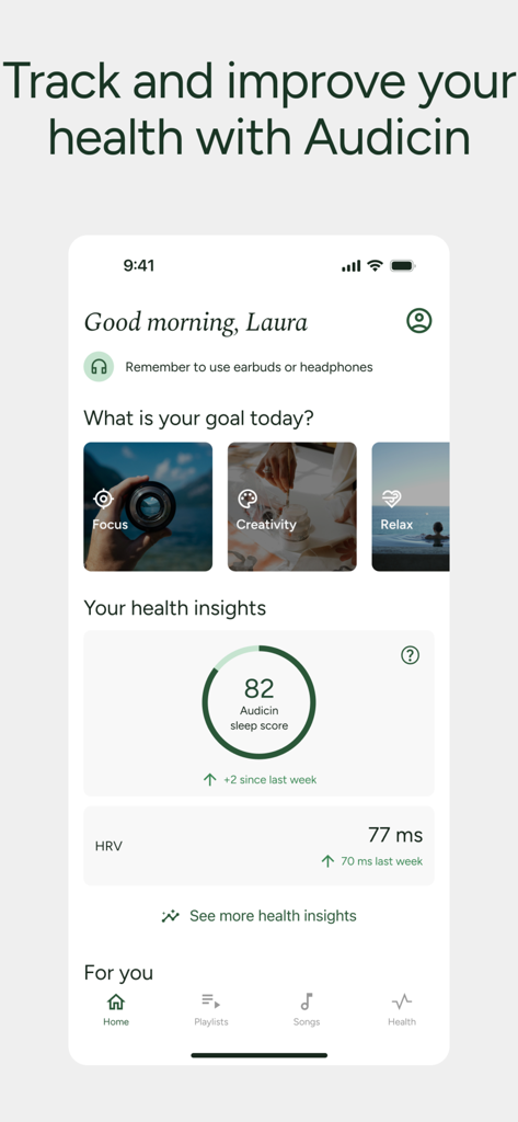 Dashboard of the Audicin app showing health insights sleep score and focus goals