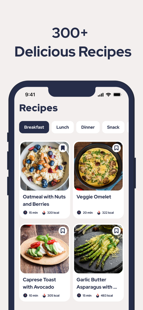 FastEasy app interface showing healthy breakfast and meal recipes for intermittent fasting