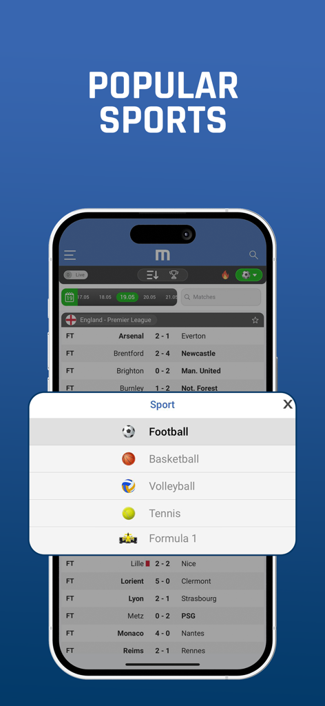 Ein Handybildschirm zeigt die M Scores App mit einem Auswahlmenü für beliebte Sportarten wie Fußball, Basketball und Tennis