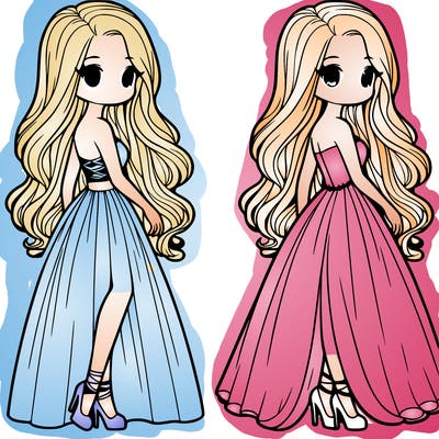 a girl with a gown, long hair, and heels