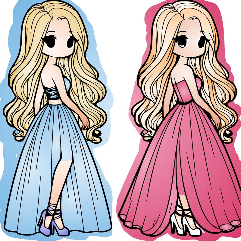 a girl with a gown, long hair, and heels