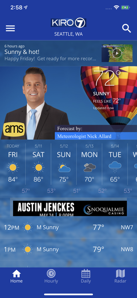 KIRO 7 PinPoint Weather app home screen showing a 5 day forecast for Seattle and current conditions