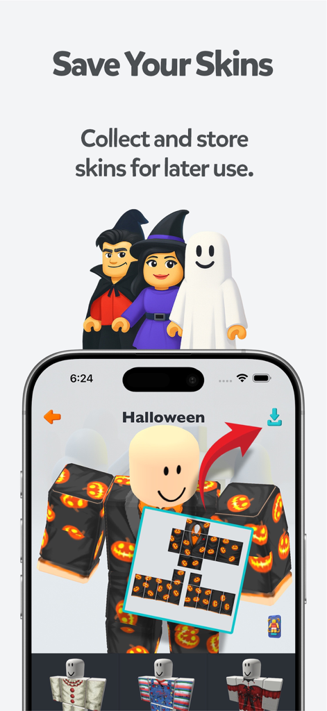 Una interfaz de aplicación móvil que muestra cómo guardar y coleccionar skins temáticas de Halloween para avatares de Roblox.