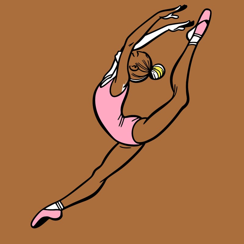gymnast doing a leap in a leotard with a bent back leg