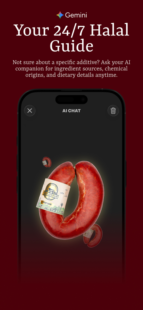 Smartphone screen displaying the Halal Product Scanner app with an AI chat interface for food verification