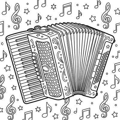 Immerse yourself in the melodious world with our intricate accordion coloring page. This detailed design, surrounded by whimsical musical notes and stars, promises a truly engaging artistic experience.