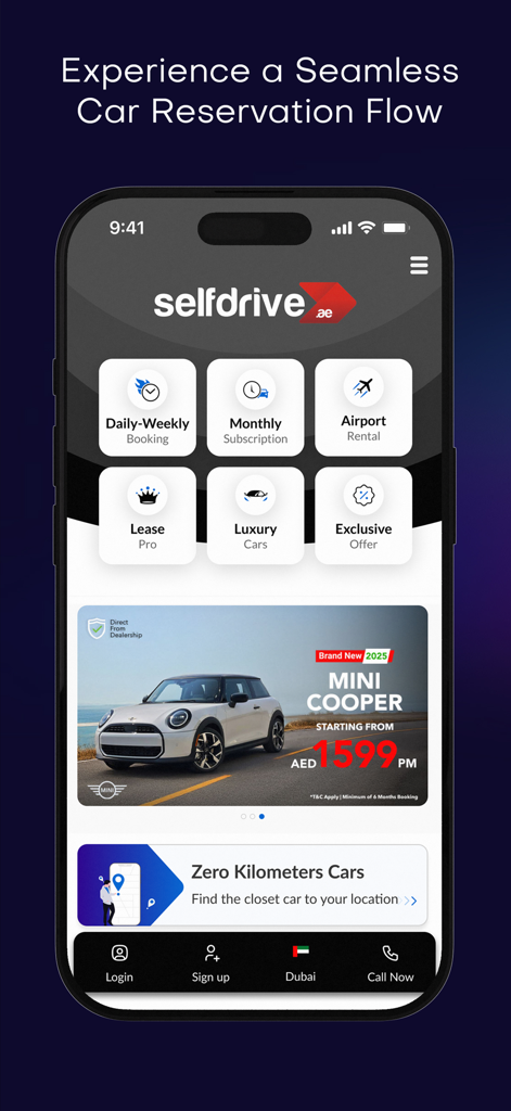 Pantalla de inicio de la aplicación de alquiler de coches SelfDrive que muestra opciones de reserva diaria, suscripción mensual y coches de lujo