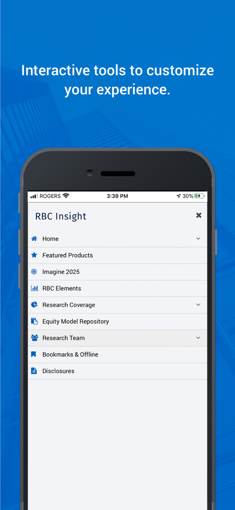 RBC Insight Research - RBC Insight Research mobile app navigation menu showing research coverage and equity tools
