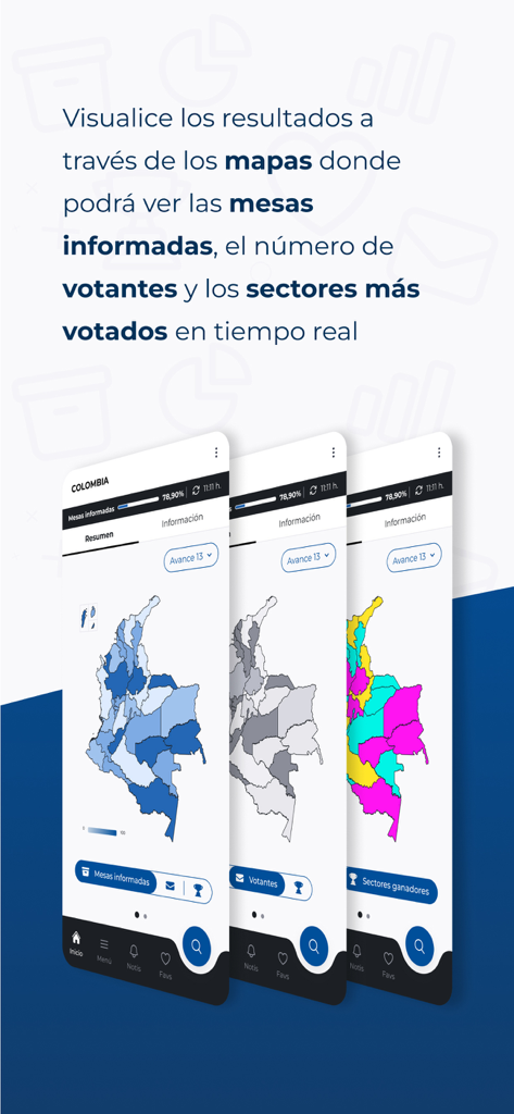 Interface of the Resultados CMLJ 2025 app showing election maps of Colombia with real time data