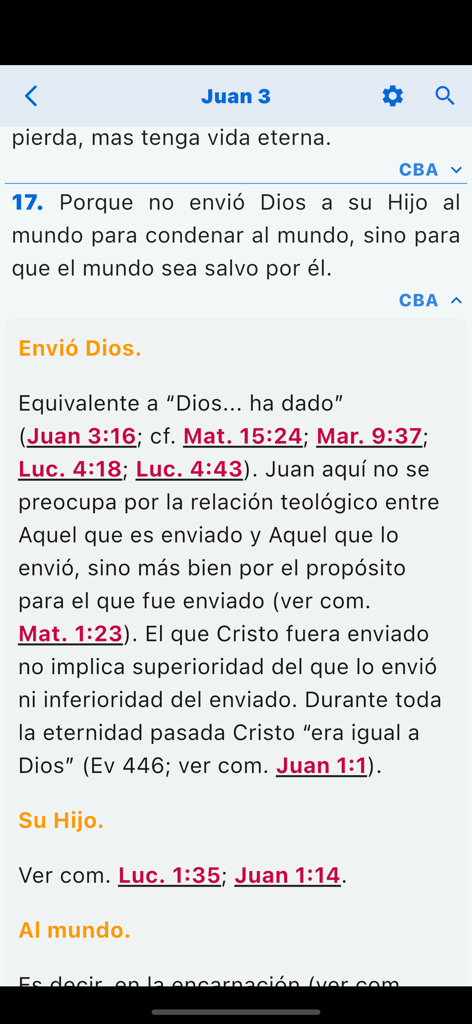 Biblia + CBA - Screenshot of the Biblia + CBA app displaying a Bible verse from John 3 with its corresponding Adventist Bible Commentary in Spanish