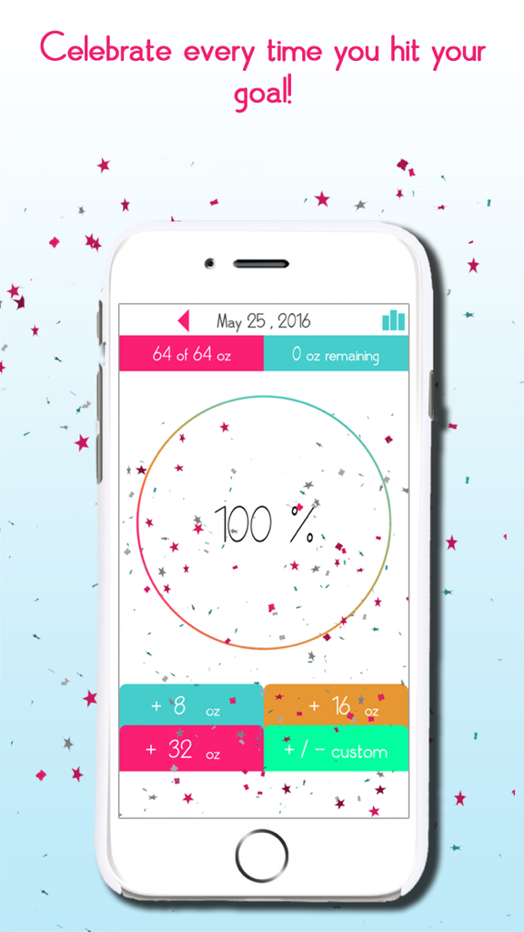 Water Tracker Daily app interface showing 100 percent goal completion with digital confetti celebration and hydration logging buttons