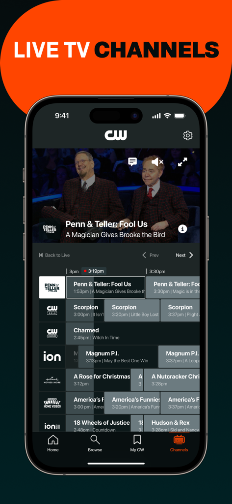 The CW - La interfaz de la aplicación The CW muestra una guía de programación de TV en vivo con varios canales y un horario en una pantalla de iPhone