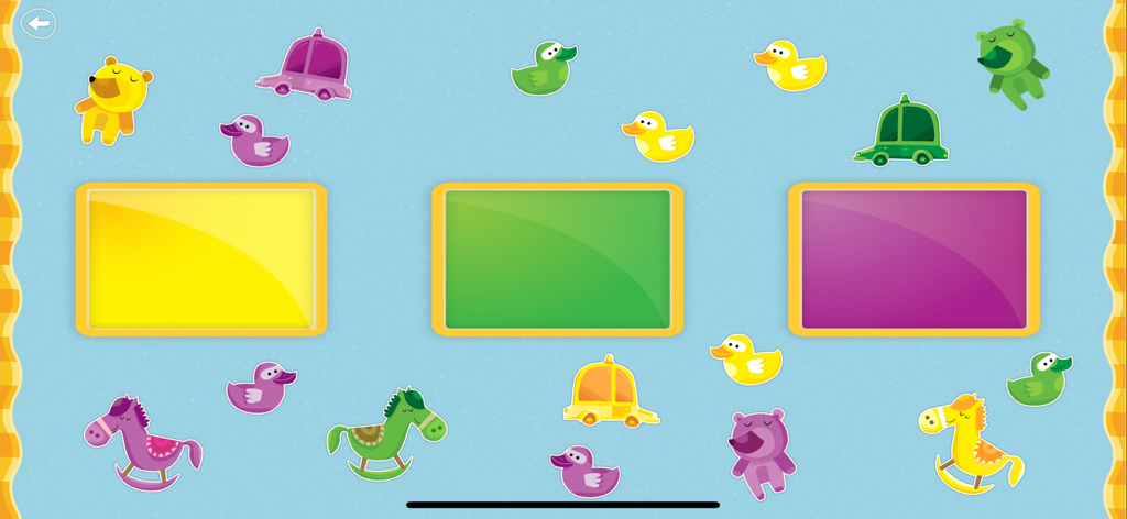 Baby Games: Ad-Free Learning - Schermata di un gioco di classificazione per bambini con oggetti gialli, verdi e viola da categorizzare per colore in scatole corrispondenti