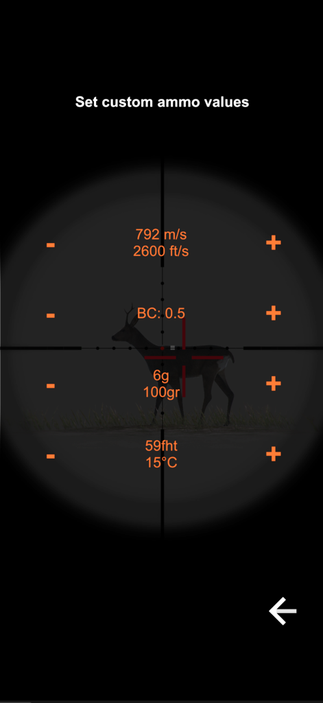 NorneHunt - Interfaz de la aplicación NorneHunt que muestra valores de munición personalizados como velocidad y coeficiente balístico sobre un modelo 3D de ciervo en una mira