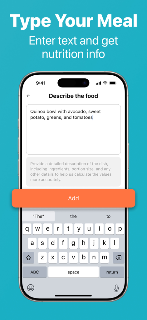 MyPlate: Calorie Counter - A mobile app interface showing a text input screen for describing a meal like a quinoa bowl to get nutrition information.
