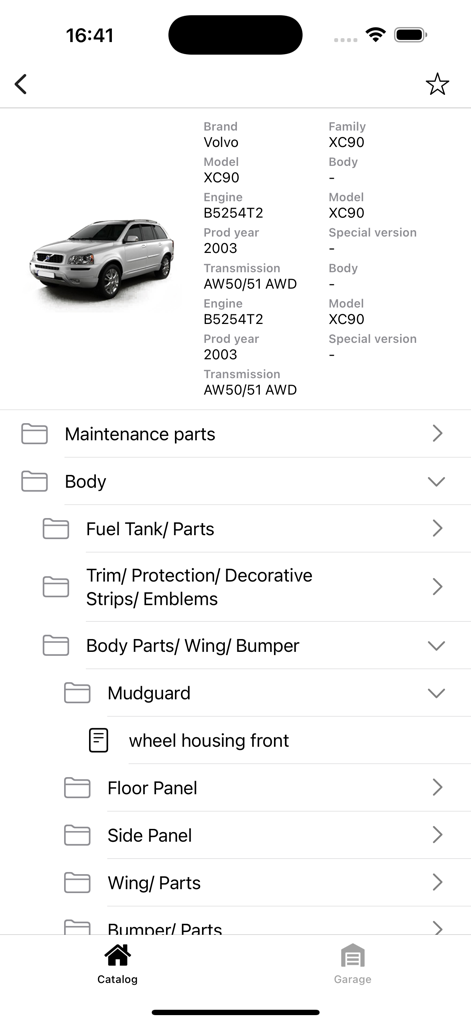 Mobile app interface showing technical specifications and part categories for a 2003 Volvo XC90