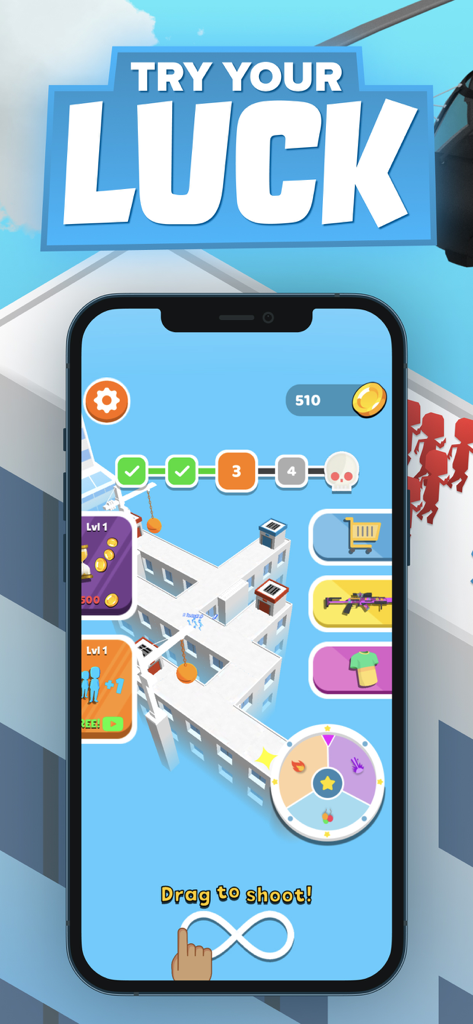 Z Escape game menu screen with a prize wheel and level progress bar