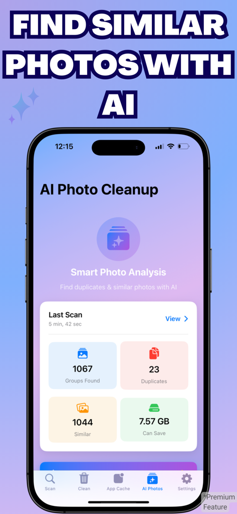 Swift Clear: Cache Cleaner - Pantalla de la aplicación Swift Clear que muestra análisis de IA de fotos similares y duplicadas con ahorro de almacenamiento