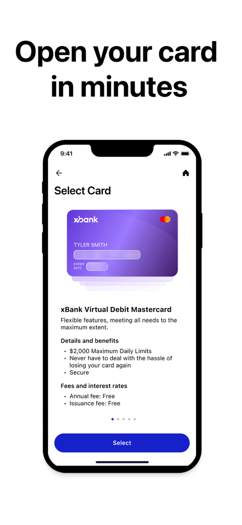 xBank app - Mobile app screen showing the xBank virtual debit Mastercard selection process with features and zero fees highlighted