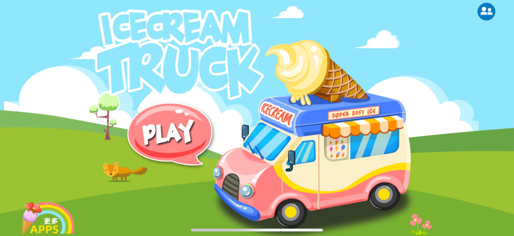 Ice Cream Truck: Dessert Sim - The start screen of the Ice Cream Truck Dessert Sim mobile app showing a colorful cartoon truck and a play button.