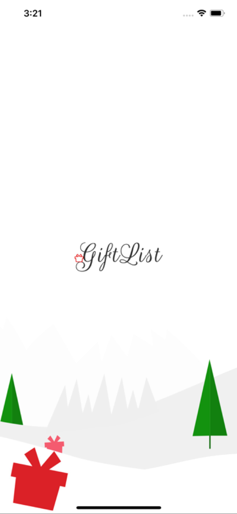 GiftList app splash screen featuring a holiday landscape with gift boxes and pine trees