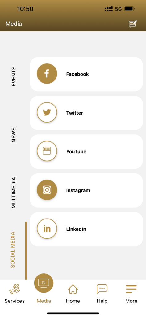 UAE GCAA - Social media links screen in the UAE GCAA app
