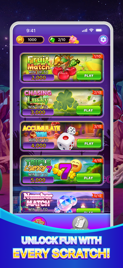 Scratch & Win Daily - A smartphone screen displaying various themed scratch-off games in the Scratch and Win Daily app.