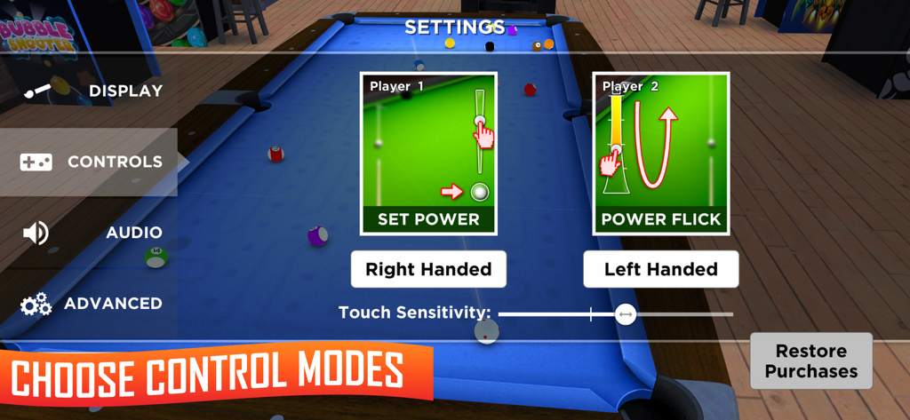 8 Ball Pool & Snooker Billiard - Control settings menu in 8 Ball Pool and Snooker Billiard showing power flick and touch sensitivity options.