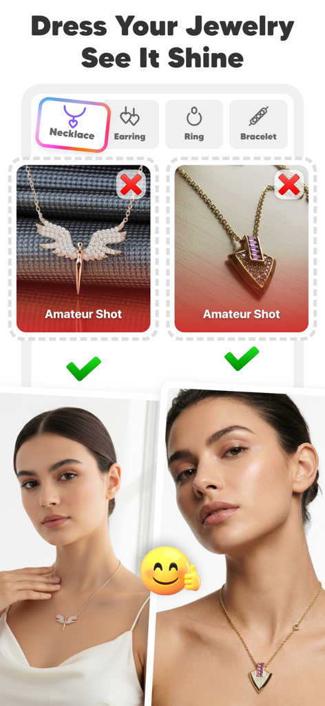 AI Fashion Model Maker: Diress - Comparison of amateur jewelry photos and professional AI generated model shots for ecommerce