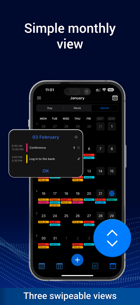 Calendar: To Do List & Notes - A simple monthly calendar view within the MC Calendar app showing scheduled events and tasks in dark mode.