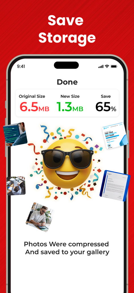 PDF Compressor－Compress PDF - Pantalla de éxito en la aplicación PDF Compressor que muestra una reducción del sesenta y cinco por ciento en el tamaño del archivo de seis punto cinco MB a uno punto tres MB.