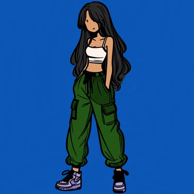 girl in baggy pants crop top and long hair