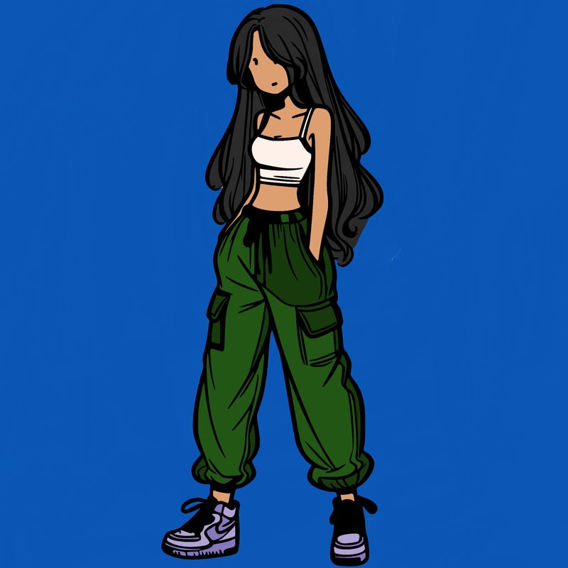 girl in baggy pants crop top and long hair