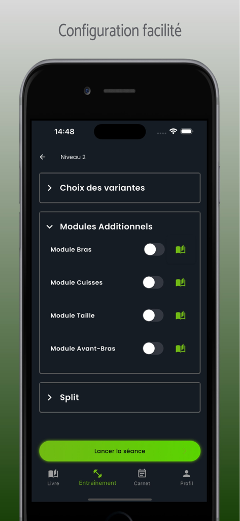 Méthode Lafay 2A - Interface of the Methode Lafay 2A app displaying the workout configuration and additional modules selection.