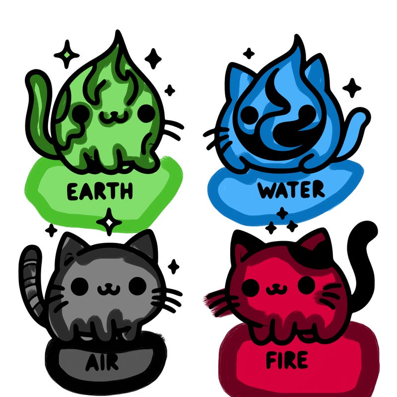4 cats that represent the different elements, earth, water, air, and fire