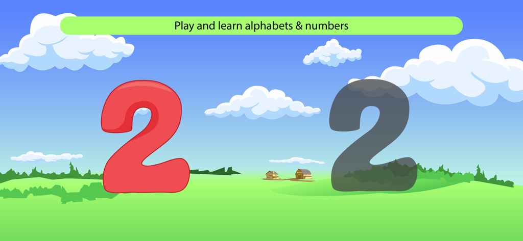Educational game screen showing a red number two and its shadow for toddlers to learn counting.