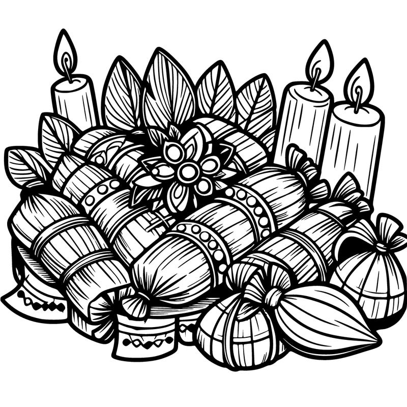 a festive presentation of tamales wrapped in banana leaves with colorful decorations.