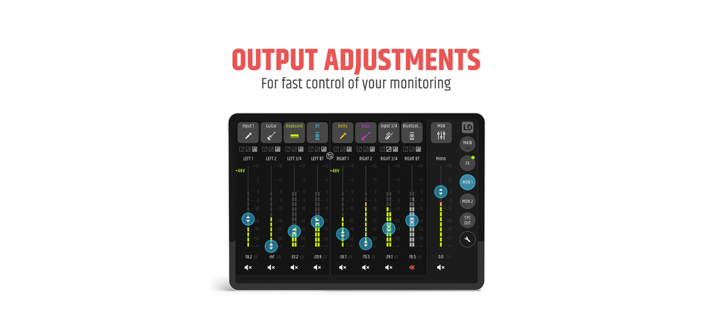 MAUI MIX - MAUI MIX app interface showing output adjustments and level controls for multiple audio channels on a tablet screen