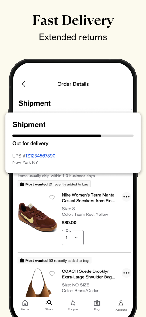 Macy's: Online Shopping & Save - Macys app screen displaying order details and a shipment status notification for out for delivery