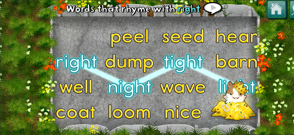 Un gioco di puzzle di parole in rima da Monkey Word School Adventure in cui i bambini collegano parole che rimano tra loro