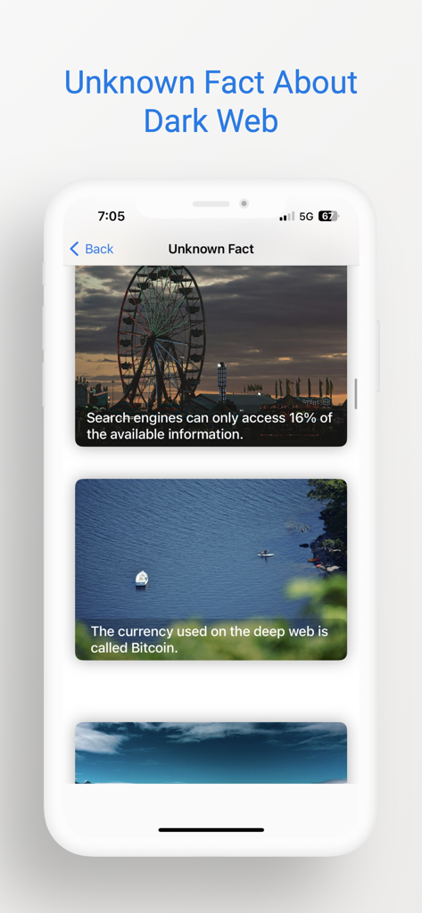 다크 웹 가이드 앱의 모바일 인터페이스는 검색 엔진 및 비트코인 사용에 대한 교육적 사실을 표시합니다.