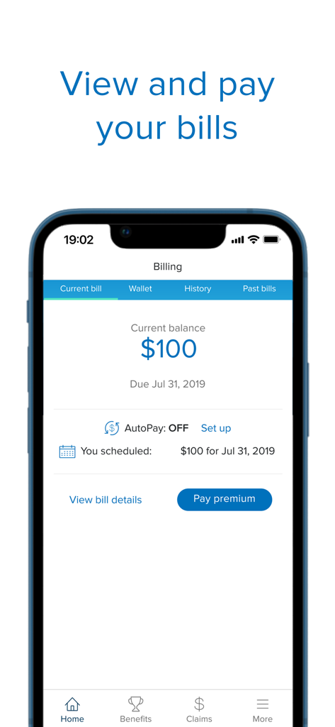 Pantalla de facturación de la aplicación móvil Blue Shield of California que muestra el saldo actual y el botón para pagar la prima