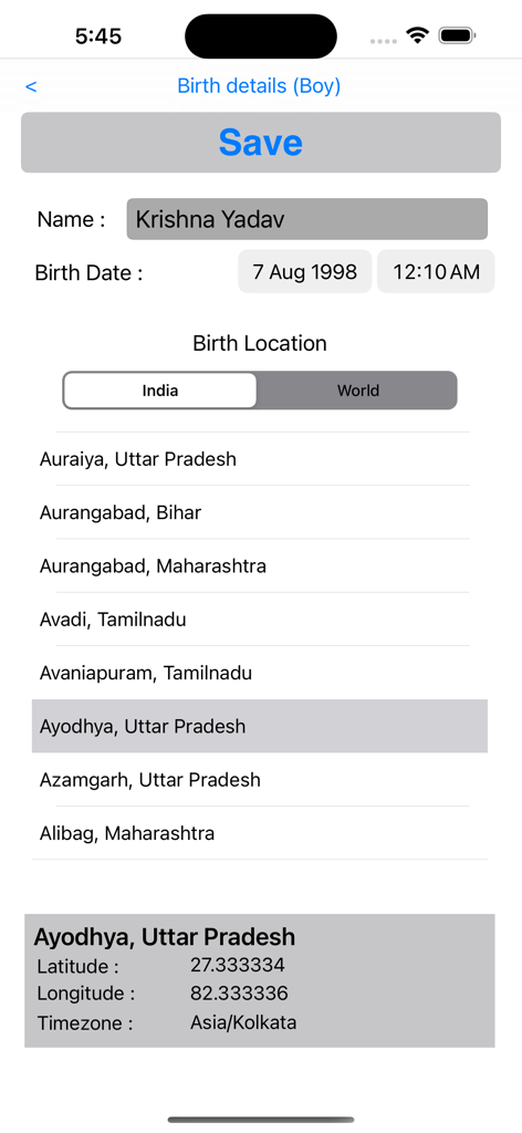 Life Partner - Pantalla para ingresar nombre, fecha y lugar de nacimiento para calcular la compatibilidad matrimonial
