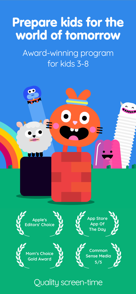 Thinkrolls School Edition educational program for kids featuring award badges and colorful cartoon characters