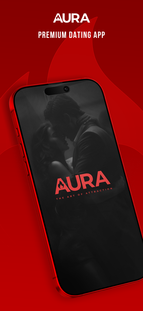 Tela de apresentação do AURA Premium Dating App em um smartphone mostrando um casal se abraçando e o slogan A Arte da Atração
