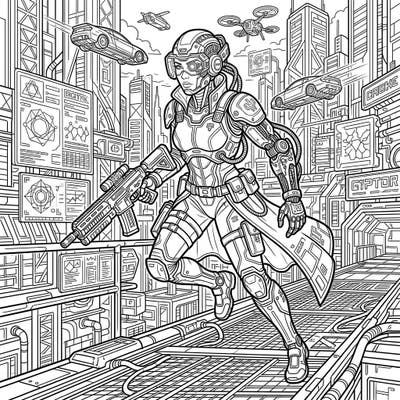Step into a thrilling cyberpunk future with this detailed coloring page featuring a cybernetic law enforcement officer. Bring this dynamic protector and their advanced urban landscape to life with your unique colors.