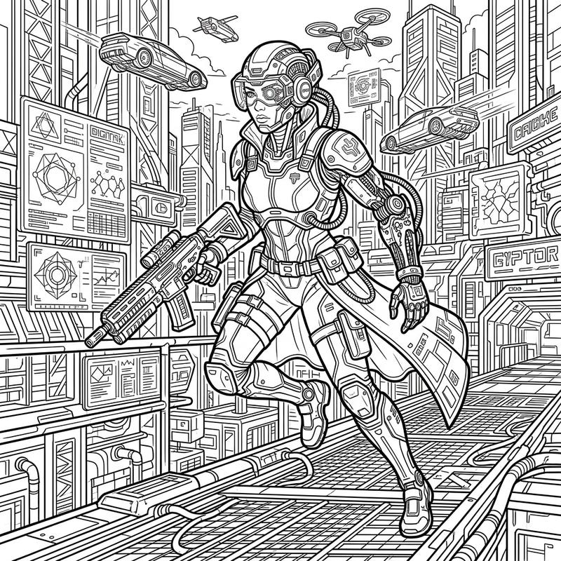 Step into a thrilling cyberpunk future with this detailed coloring page featuring a cybernetic law enforcement officer. Bring this dynamic protector and their advanced urban landscape to life with your unique colors.