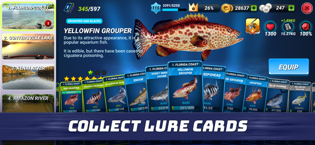 A menu in Fishing Clash showing collectible lure cards for various fish species like the Yellowfin Grouper and diverse fishing locations