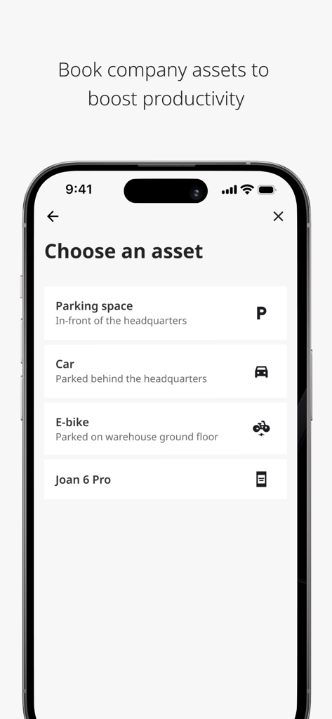 Joan Workplace - Joan Workplace app interface for booking company assets like parking spaces and vehicles.